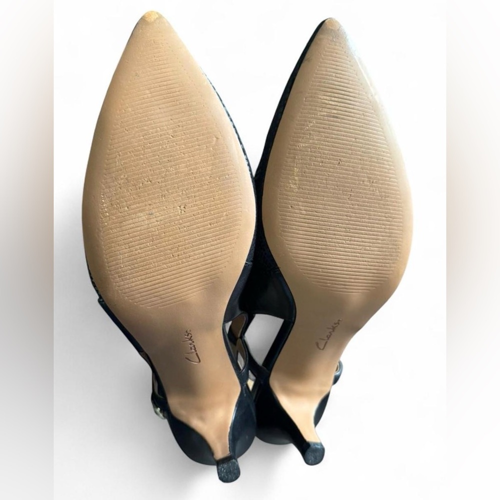 Clarks Black Snake Print Slingback Heels Pointed Toe Kitten Heel Comfort 9 - Picture 7 of 9